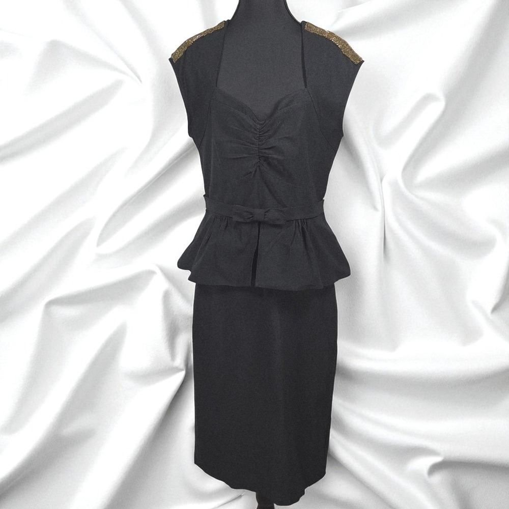 Stop Staring! Alicia Estrada Black Peplum Dress Woman 14 Gold Beaded Shoulders
